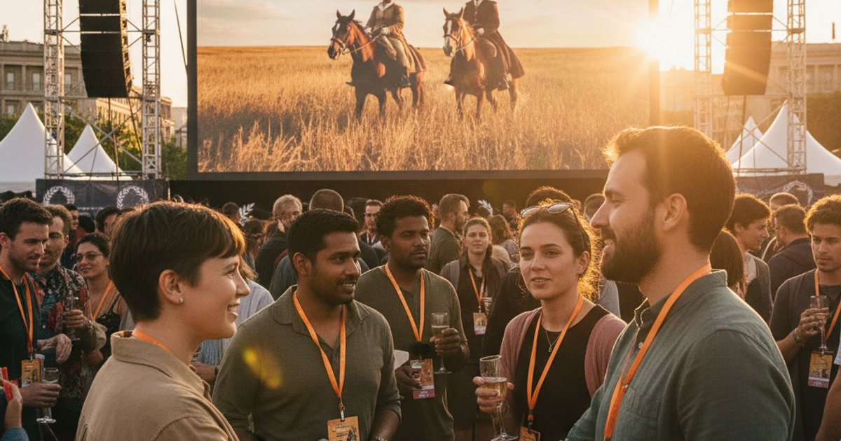 Filmmakers networking at a bustling film festival, showcasing opportunities for film course graduates