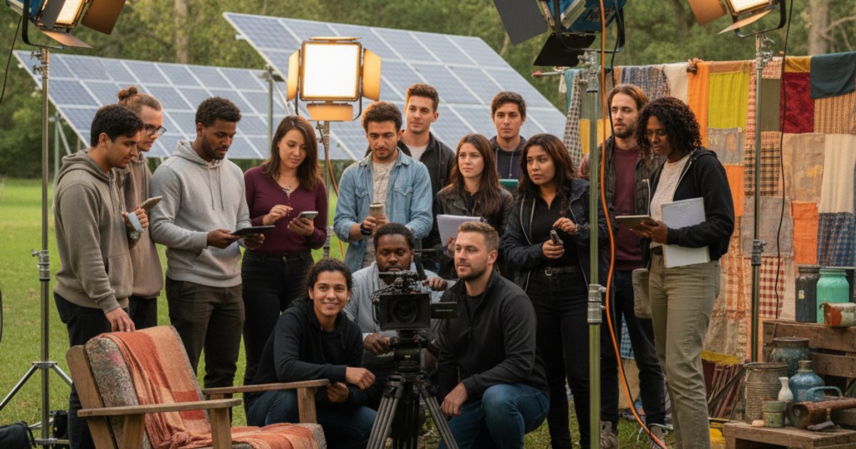 Film course students learning green cinematography on a sustainable set with LED lights and solar power