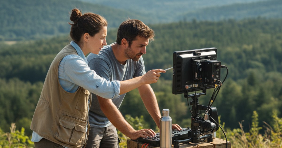 Director and cinematographer reviewing footage on an eco-friendly film set, highlighting sustainable production