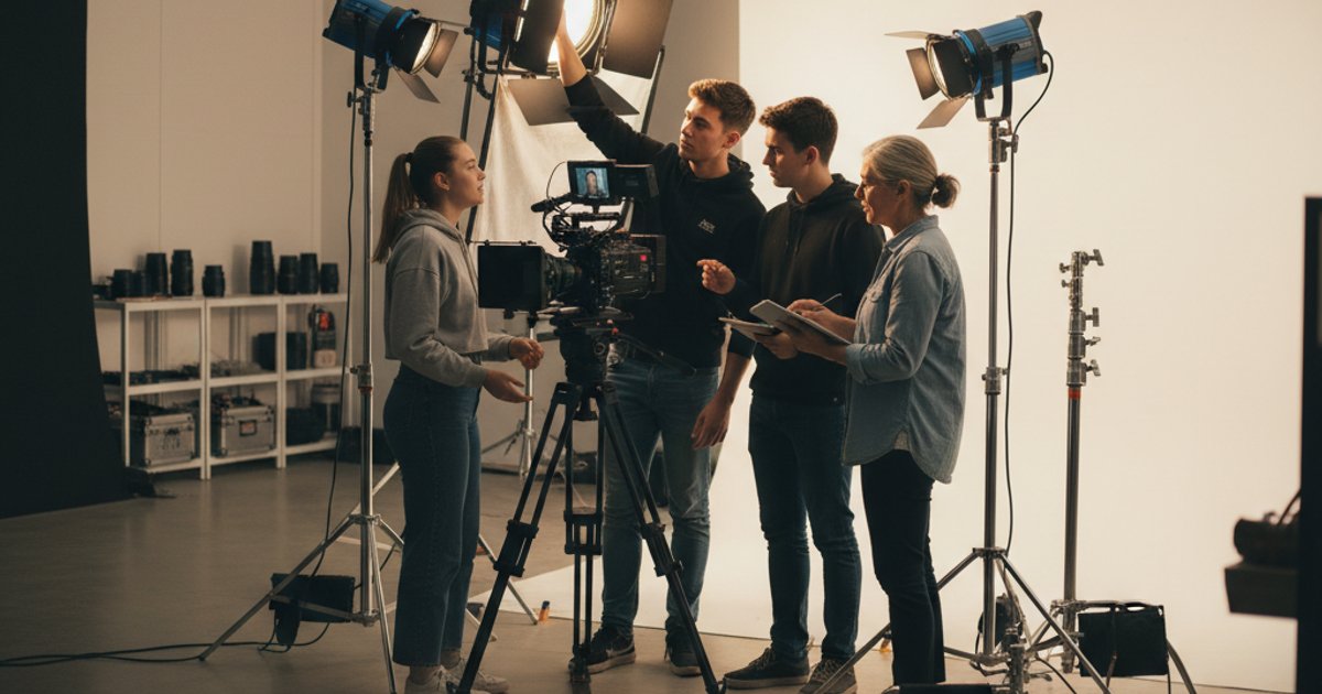 Students in a cinematography course learning hands-on with professional film equipment