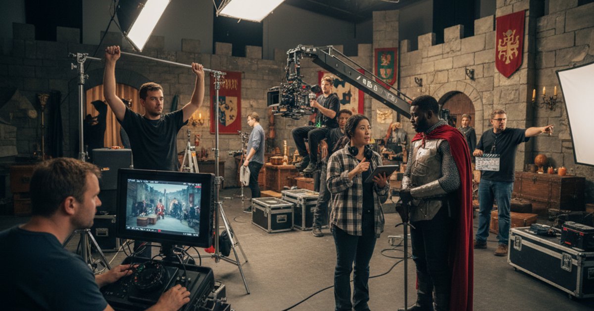 Film crew collaborating on a set, demonstrating practical cinematography courses and teamwork