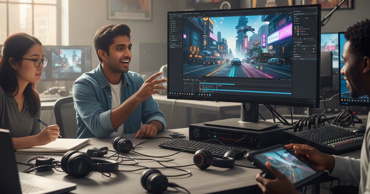 Diverse film course students collaborating on a game engine project, learning interactive storytelling and virtual production techniques.