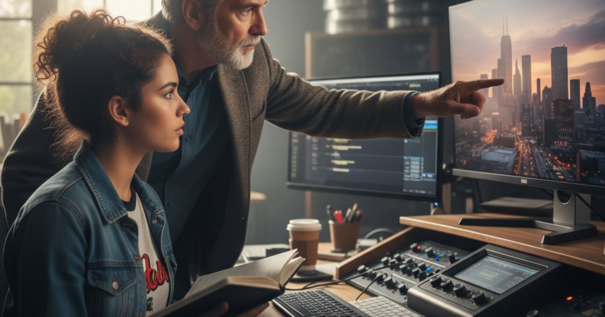 Experienced filmmaker mentoring a student in an editing suite, highlighting industry connections in film courses