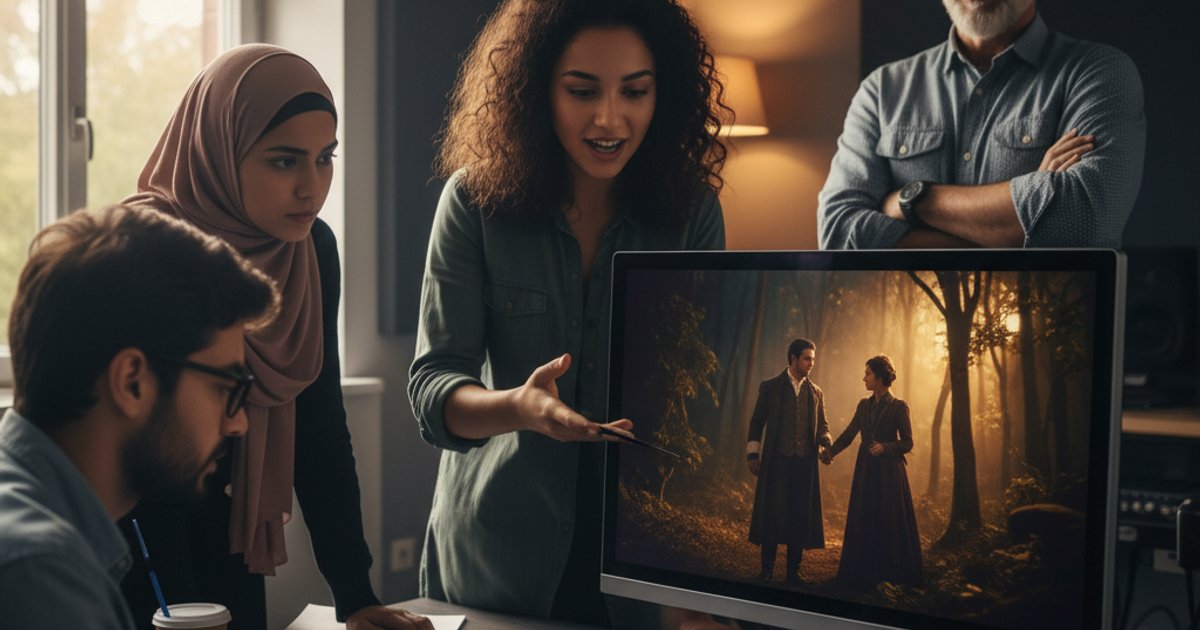 Film course students analyzing a dramatic scene on a monitor, discussing emotive cinematography techniques in a collaborative setting.