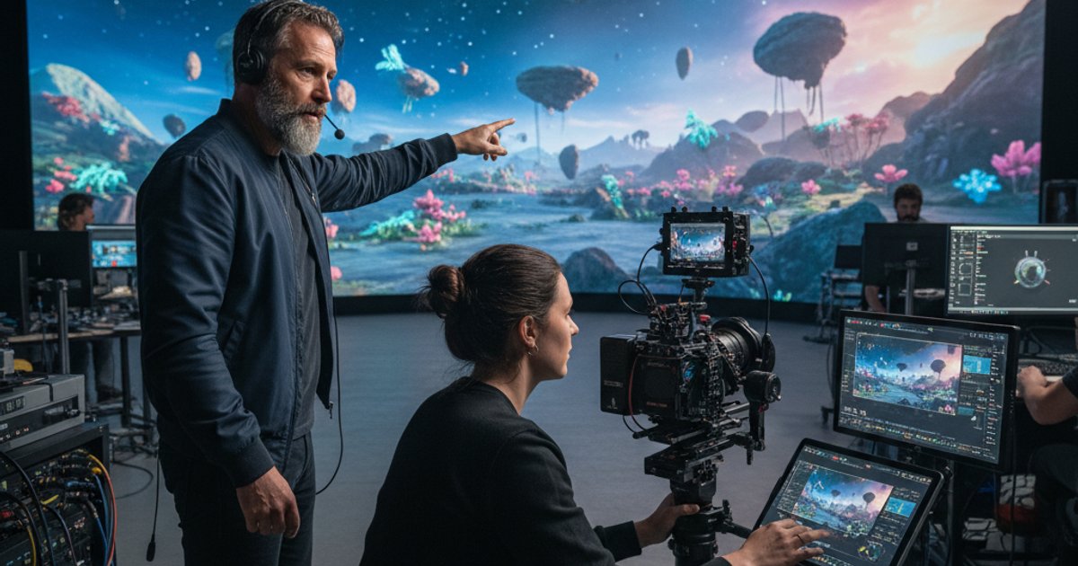Director and cinematographer using AI tools in a virtual production studio for film course applications
