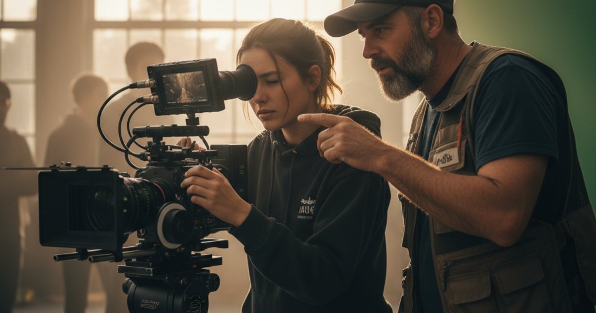 Student cinematographer on a film set, demonstrating practical skills learned in cinematography courses.