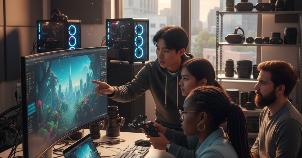 Film course students collaborating on a real-time rendering project for virtual production