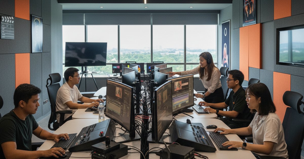 Students learning advanced editing techniques at a video production school in Malaysia