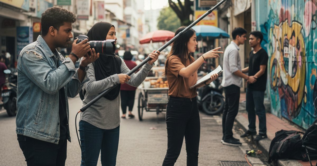 Young adults collaborating on a film set, building a video production portfolio