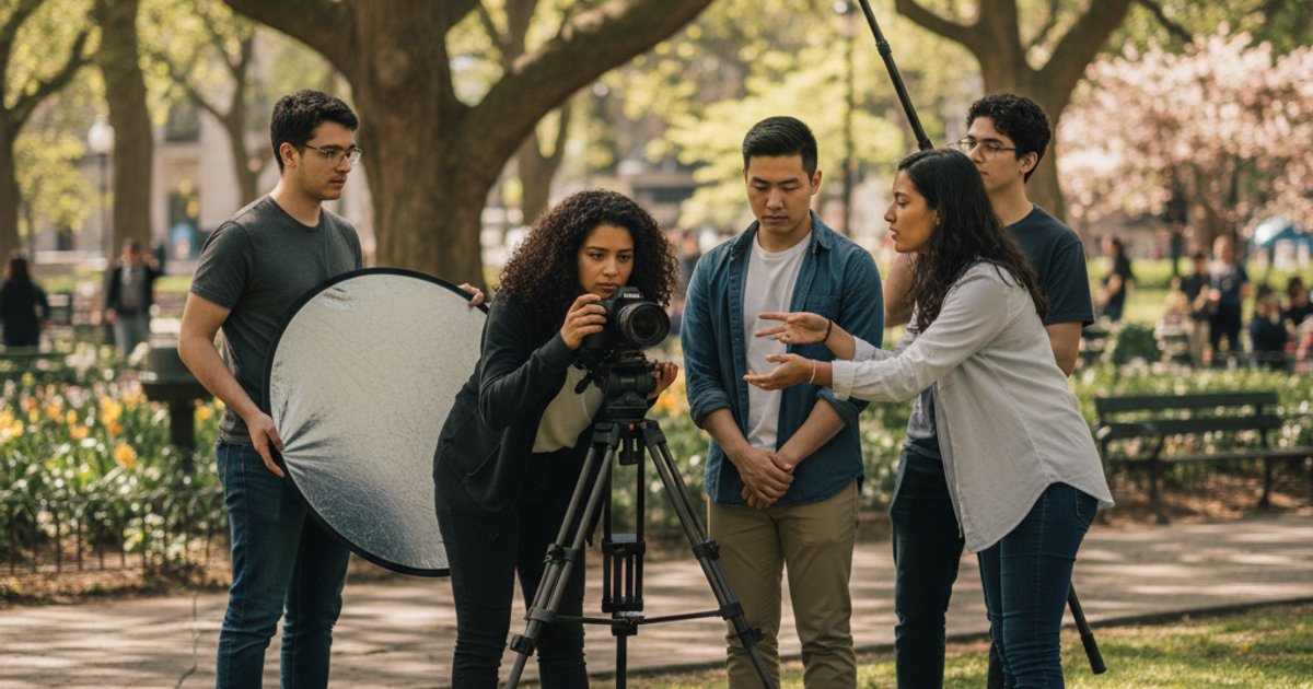Practical application in cinematography courses with students filming outdoors