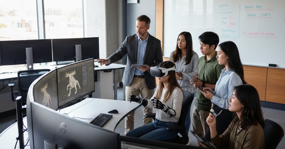 Educators teaching immersive filmmaking techniques in a modern film course lab