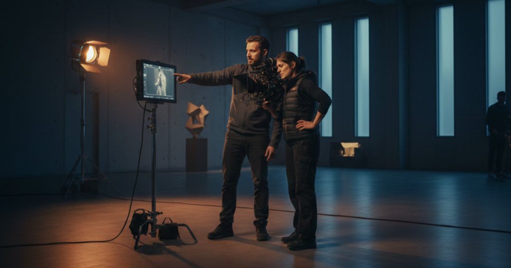 Film course students learning cinematography on set with dramatic lighting