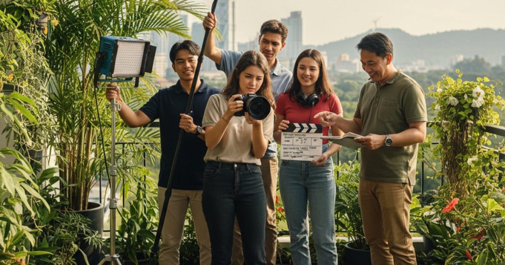 Students gaining hands-on experience with professional equipment at a film making school in Malaysia