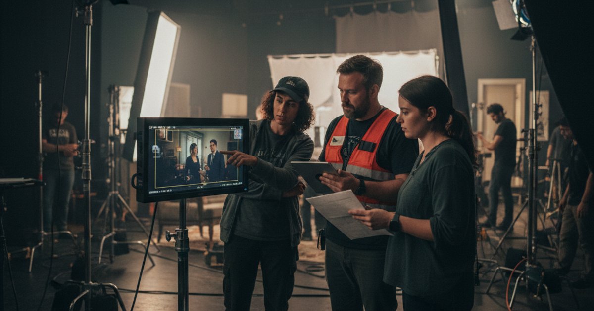 Film crew discussing project management and business skills on a cinematography course set