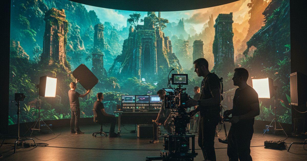A cinematographer working on a virtual production set with a large LED screen, showcasing modern film course training