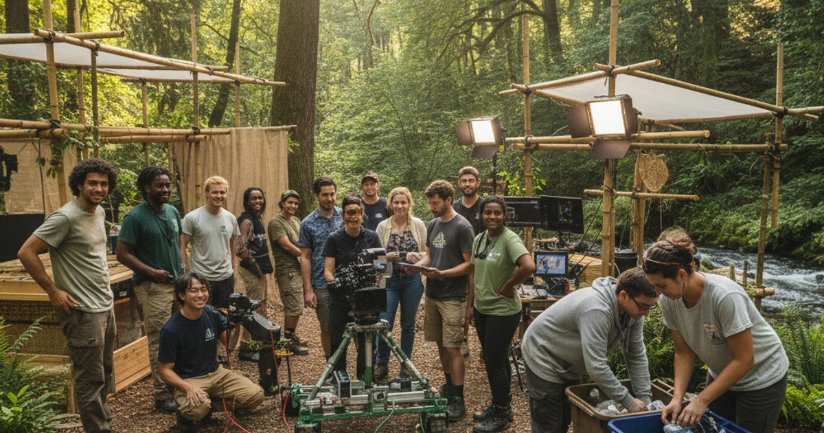 Film making school students learning green production techniques on an eco-friendly set