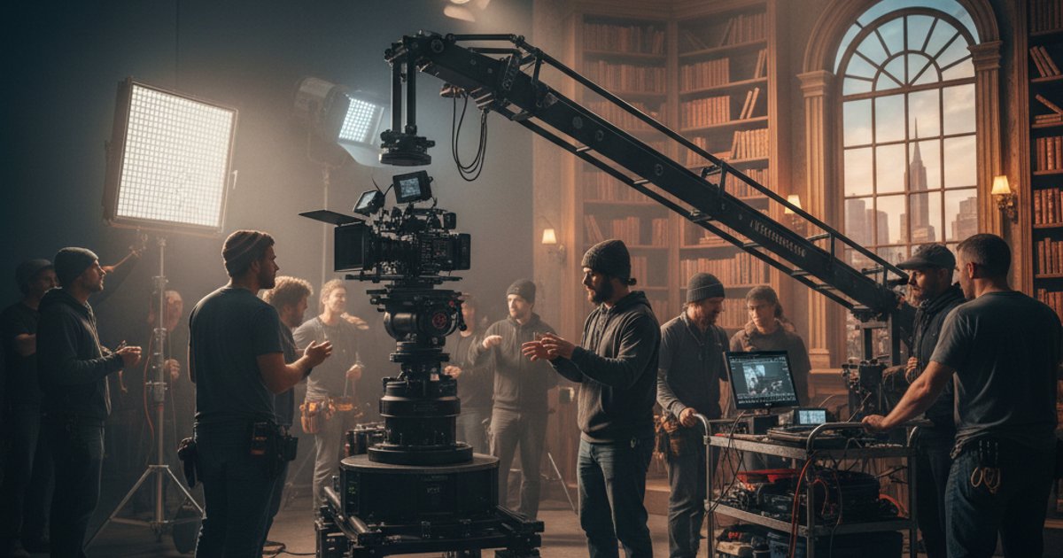 Film crew working on a busy set, demonstrating practical application of film course and cinematography skills