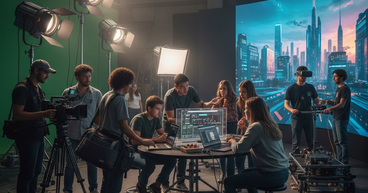 Film course students collaborating on a modern virtual production set, showcasing cinematography programs adapting to new technology.