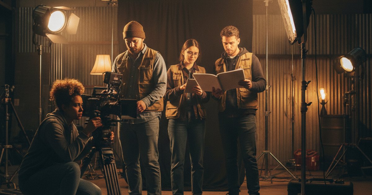 Aspiring filmmakers collaborating on a set, learning cinematography hands-on