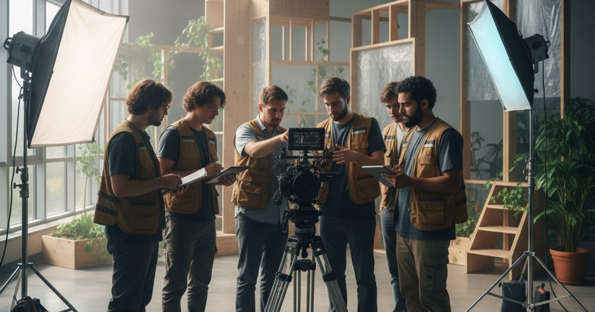 Film course students learning sustainable cinematography practices on a green set