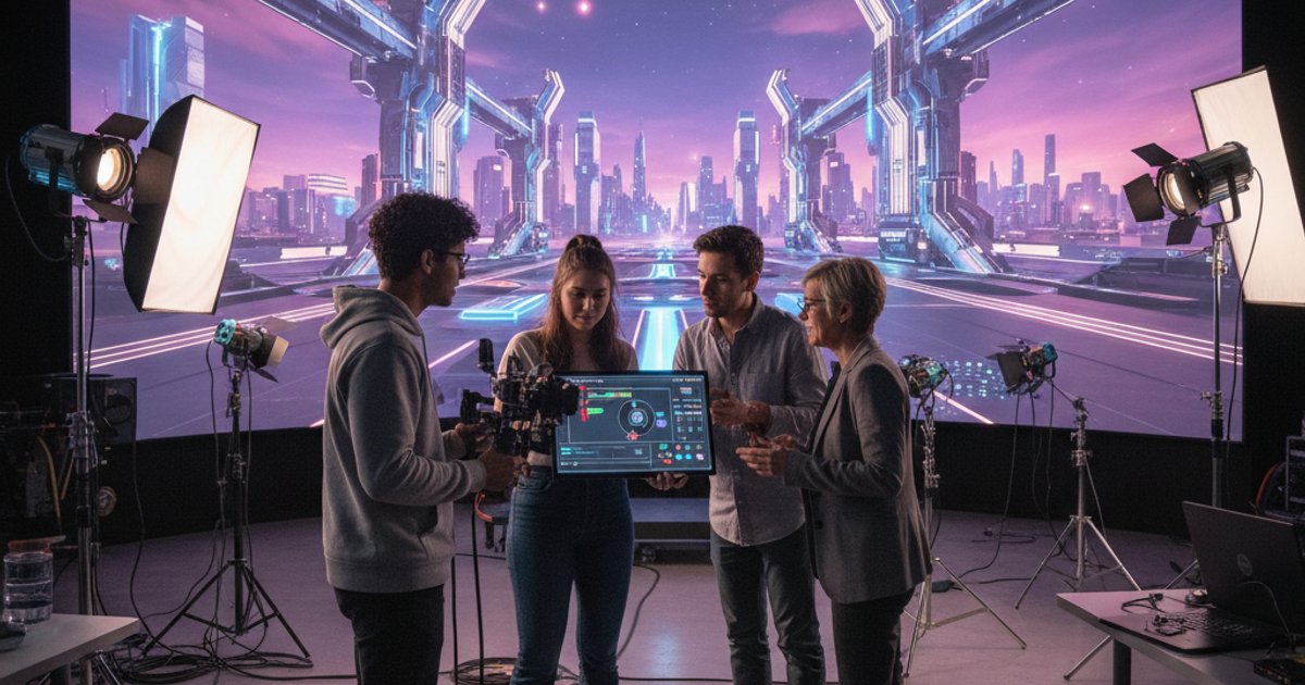 Film students learning virtual production with game engines in a modern studio
