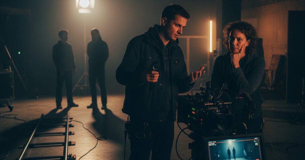 Cinematographer and director discussing visual subtext on a dimly lit film set during a film course