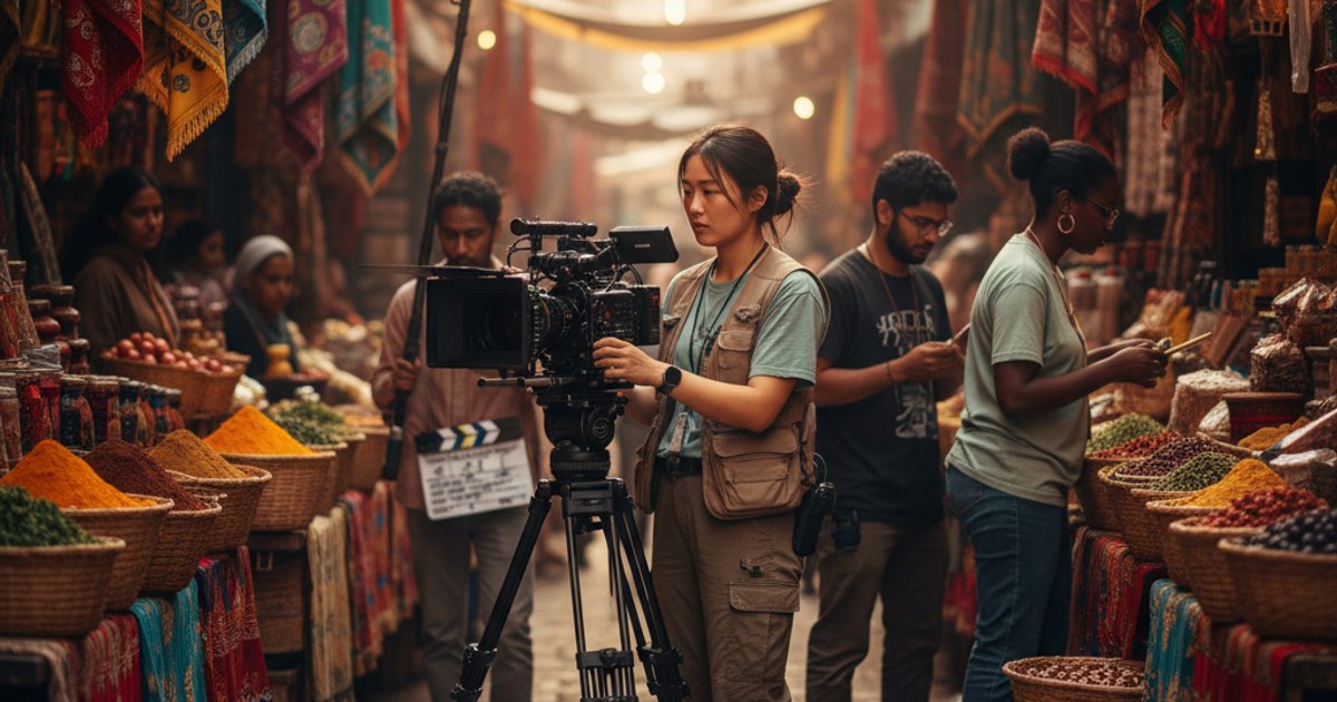 Young cinematographer filming in a bustling market, highlighting global film course relevance