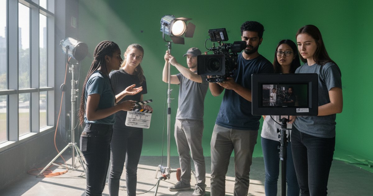 Diverse film students collaborating on set at an international video production school