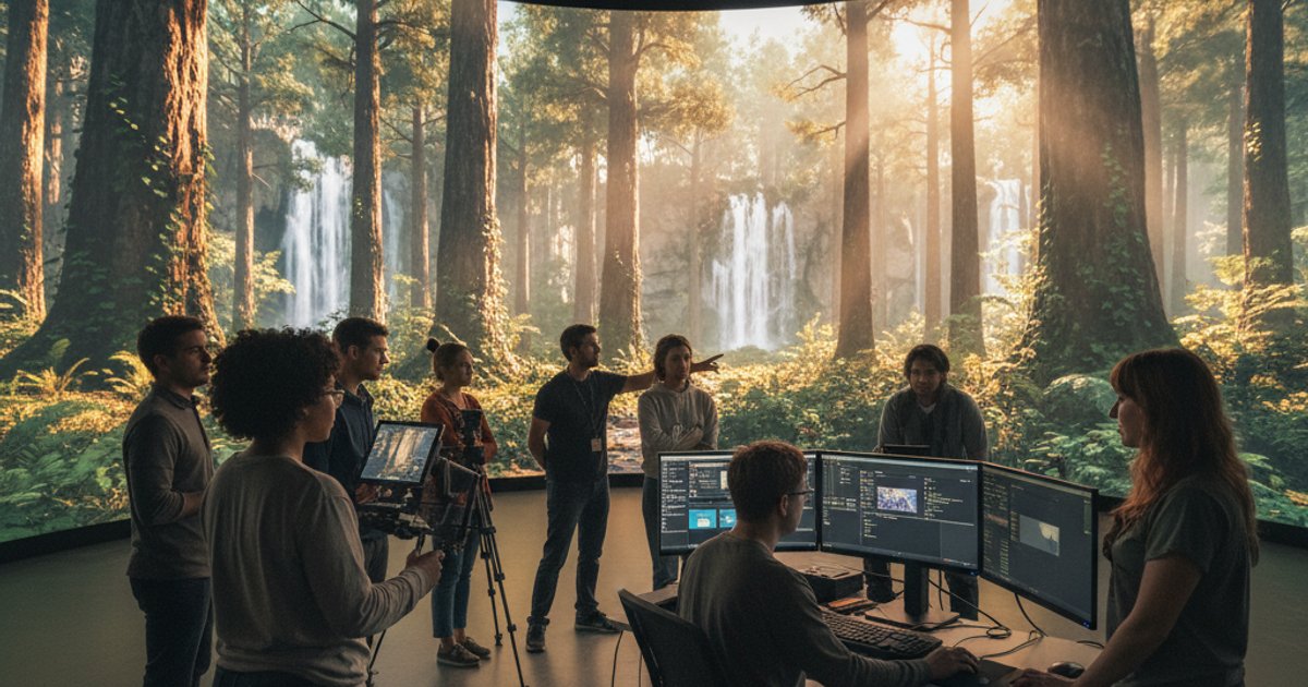 Film course students learning virtual production on an LED stage