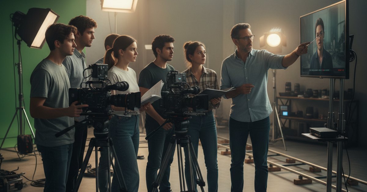 Film making school students collaborating on a project with professional equipment