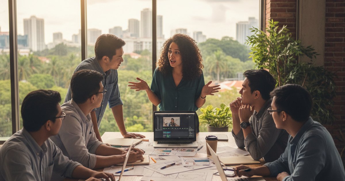 Diverse team collaborating on a video production project in Malaysia, highlighting communication skills for video production school graduates.