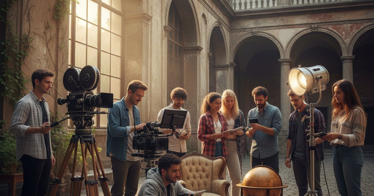 Film making school students collaborating on a set, blending diverse cultures and technologies.