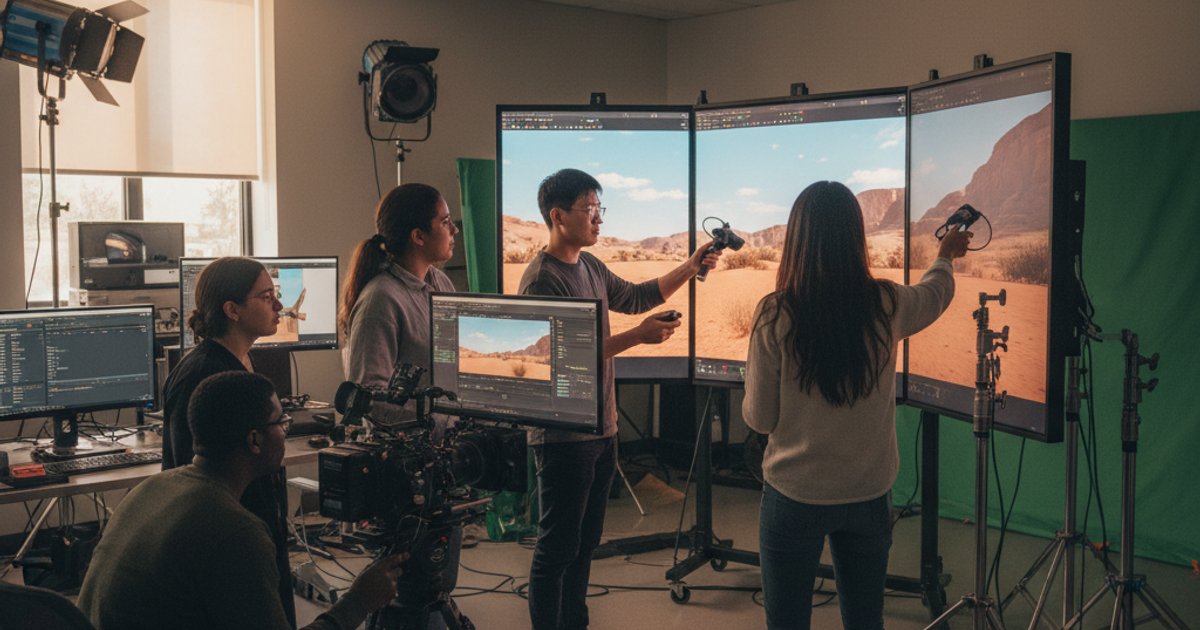 Film course students learning virtual production techniques in a university lab, practicing cinematography skills