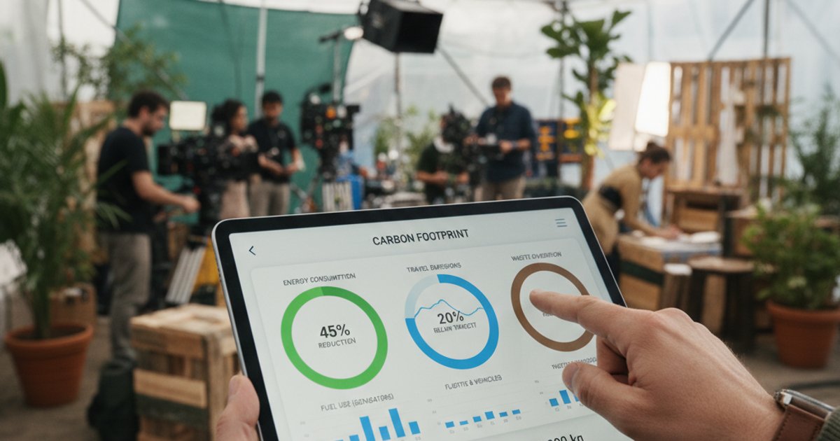 Green production manager analyzing carbon footprint data on a tablet at a film making school