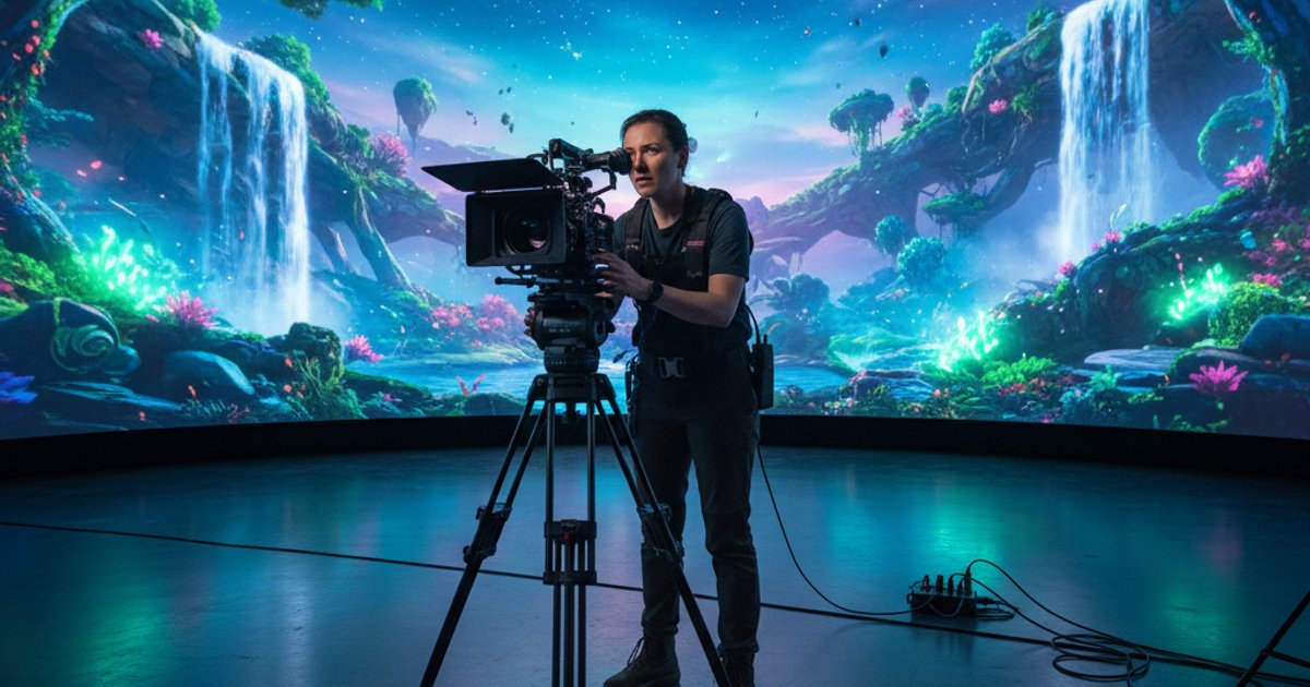 Cinematographer using a camera in a virtual production studio, showcasing advanced cinematography courses and future skills