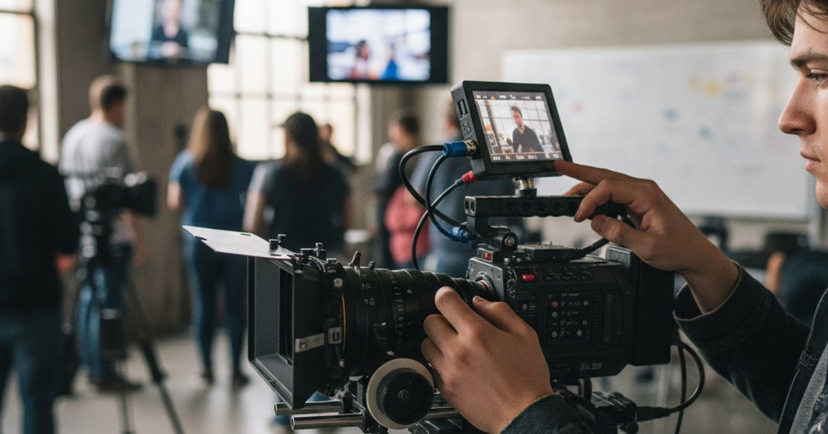 A student mastering a cinema camera in a cinematography course, highlighting hands-on learning in film education.