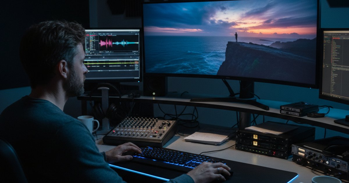 Film editor reviewing footage in a post-production suite, building a professional demo reel