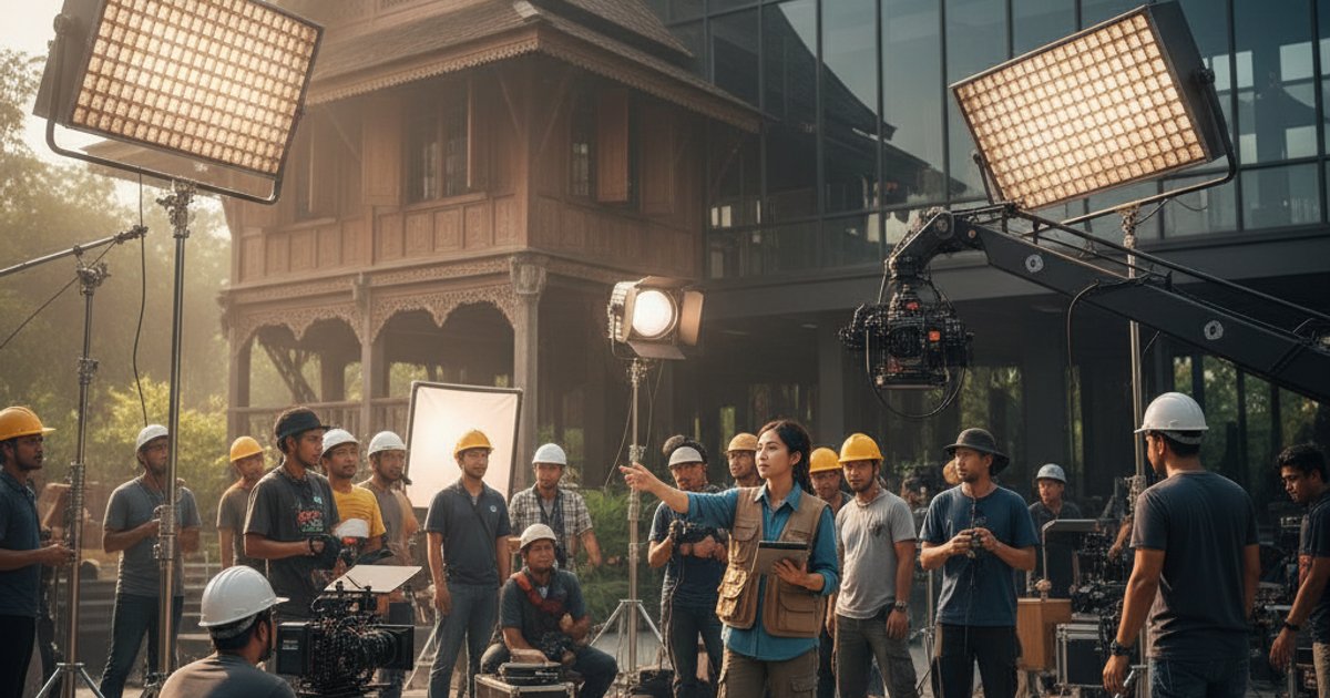 A diverse film crew led by a young Malaysian director on a modern set, demonstrating adaptive leadership in video production