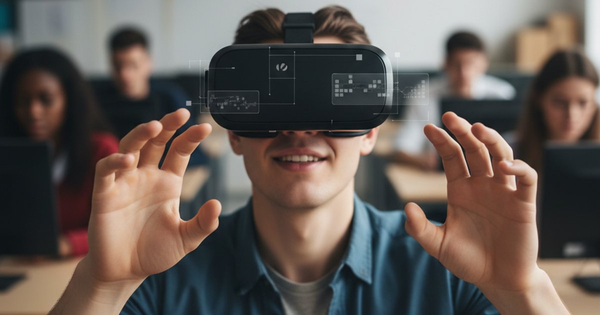Student experiencing interactive storytelling in a VR headset during a film course