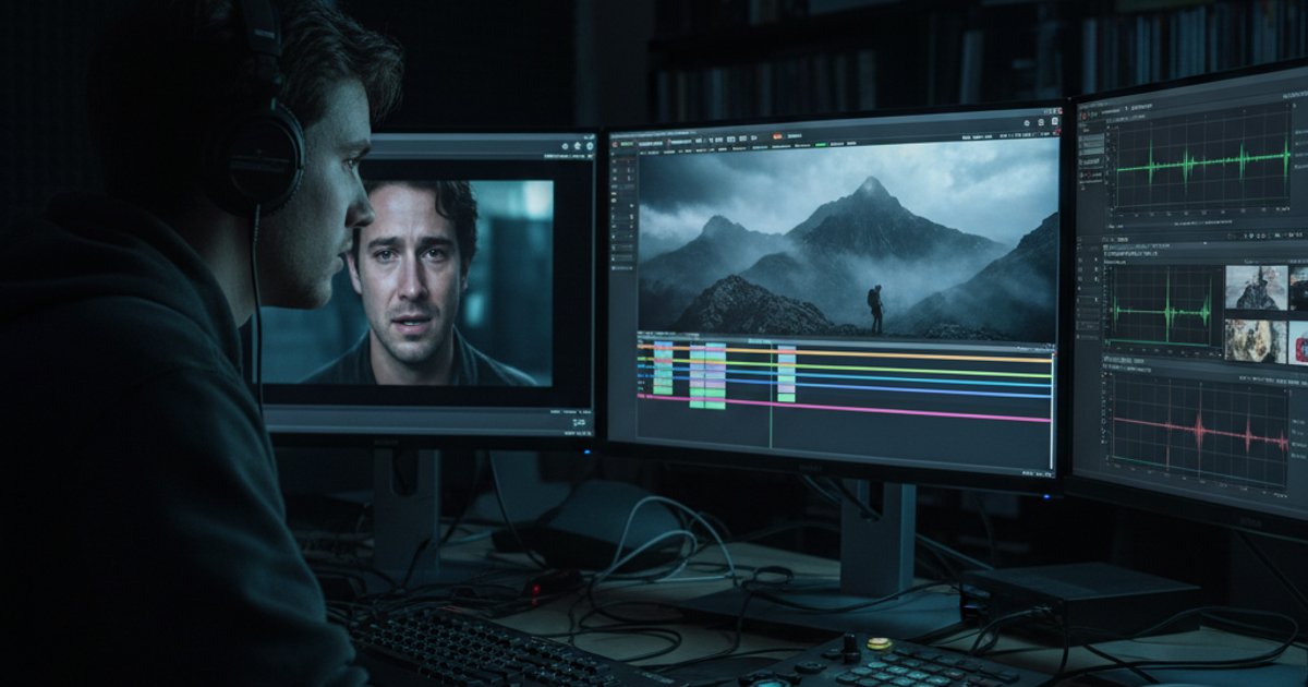 Film student editing footage in a dark studio, focusing on visual subtext and non-verbal cues in cinematography courses