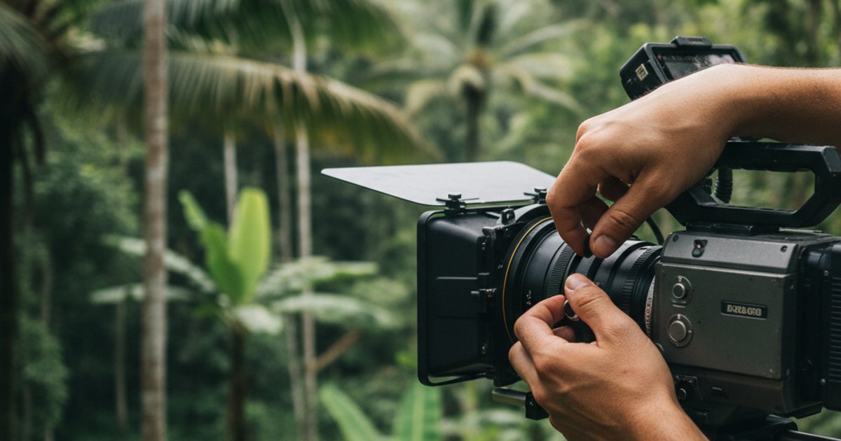 Cinematographer's hands adjusting camera settings on a tropical film set, emphasizing practical film course skills