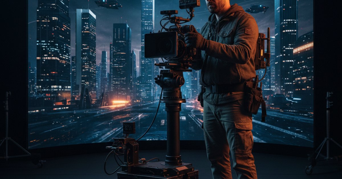 Cinematographer operating a virtual camera on a virtual production set