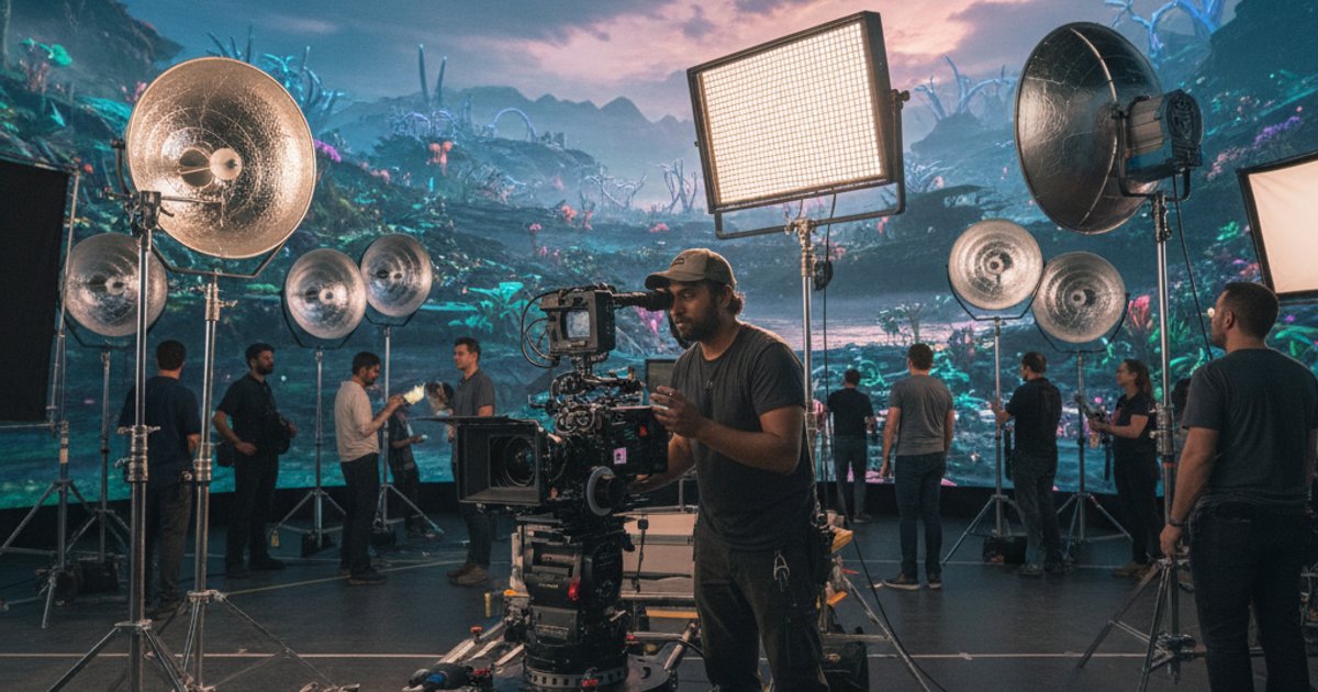 Cinematographer on a modern film set utilizing virtual production techniques