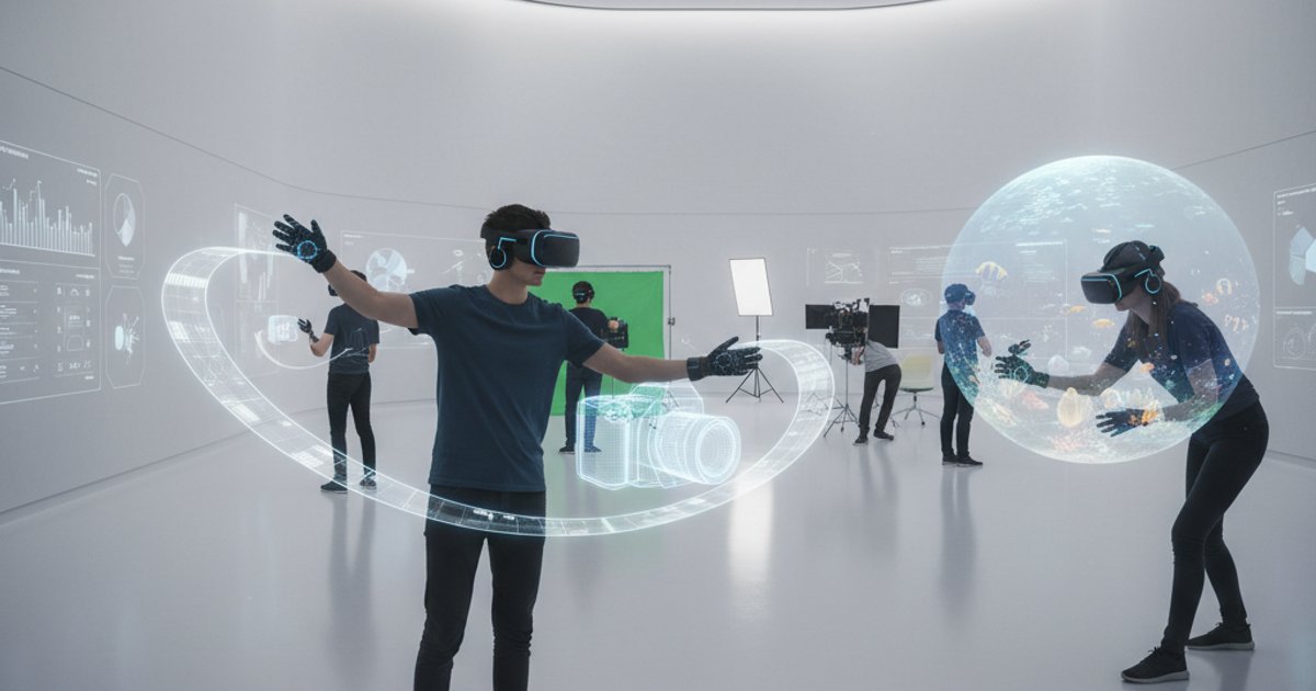 Students using VR/AR headsets in a futuristic video production school classroom